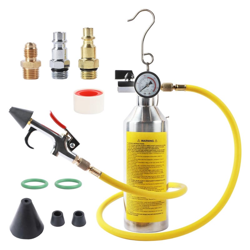 CMTOOL AC Flush Kit Automotive Home HVAC Flush Tool Thickened Stainless Steel Canister Auto AC Flushing Kit House Air Conditioning Flushing Bottle Set for R134A R12 R22 R404 R410A System