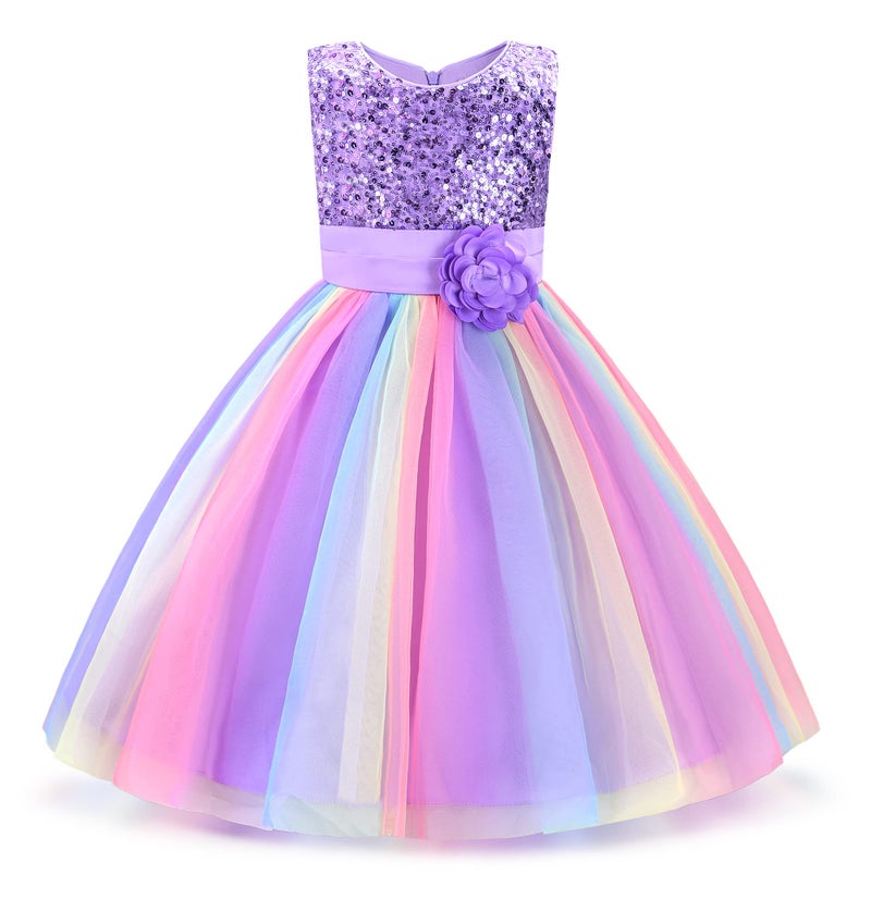 Uhnice Little Girl's Sequin Sleeveless Mesh Rainbow Dress for Wedding Party (7 Years, Purple) - Image 1