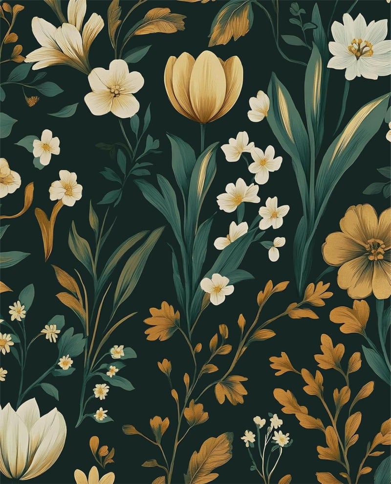 Laatse Green Floral Wallpaper Peel and Stick Vintage Gold Leaf Wallpapers Boho Botanical Contact Paper Vinyl Waterproof Self Adhesive Retro Tulip Wall Papers for Room Walls Cabinet Table Decor 17.5" x 118" - Image 1