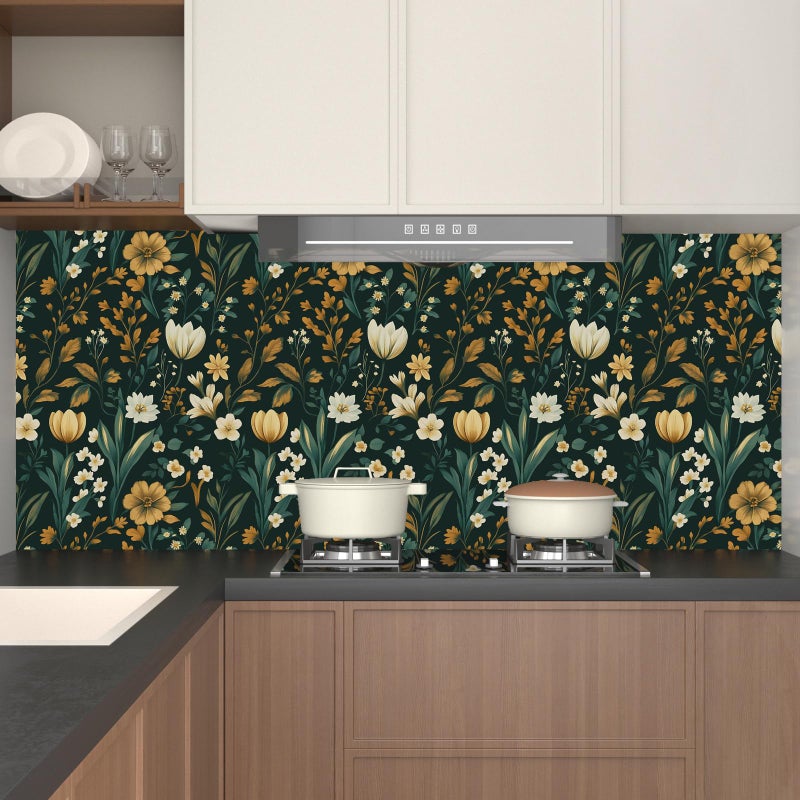 Laatse Green Floral Wallpaper Peel and Stick Vintage Gold Leaf Wallpapers Boho Botanical Contact Paper Vinyl Waterproof Self Adhesive Retro Tulip Wall Papers for Room Walls Cabinet Table Decor 17.5" x 118" - Image 4