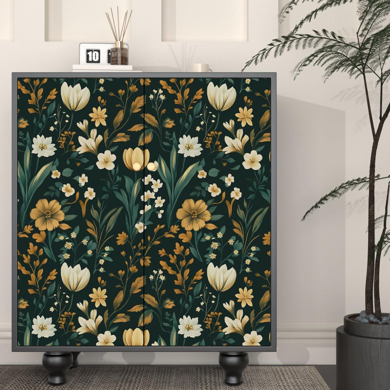 Laatse Green Floral Wallpaper Peel and Stick Vintage Gold Leaf Wallpapers Boho Botanical Contact Paper Vinyl Waterproof Self Adhesive Retro Tulip Wall Papers for Room Walls Cabinet Table Decor 17.5" x 118" - Image 2