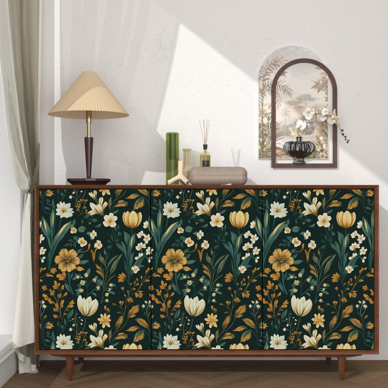 Laatse Green Floral Wallpaper Peel and Stick Vintage Gold Leaf Wallpapers Boho Botanical Contact Paper Vinyl Waterproof Self Adhesive Retro Tulip Wall Papers for Room Walls Cabinet Table Decor 17.5" x 118" - Image 3