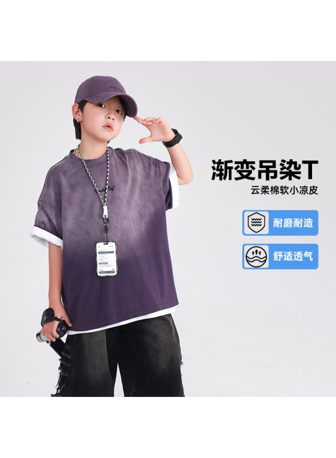 Boys' Summer Dopamine Gradient Short-sleeve T-shirt  New Model For Elementary School Children, Loose-fitting Cool Summer Top