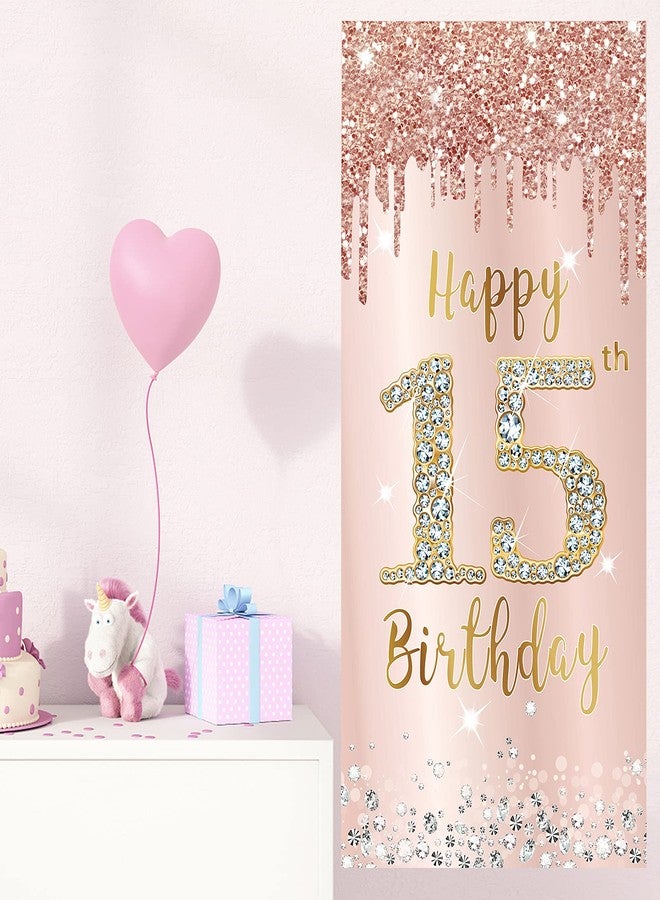 Excelloon Happy 15th Birthday Door Banner Decorations for Girls, Pink Rose Gold 15 Birthday Party Backdrop Door Cover Sign Supplies, Fifteen Year Old Birthday Poster Background Decor - Image 4