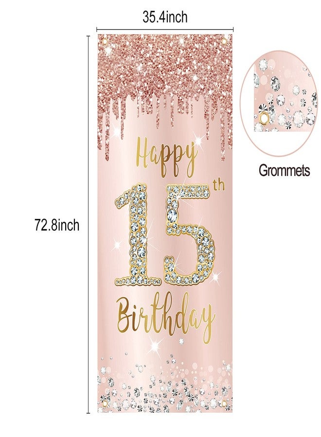 Excelloon Happy 15th Birthday Door Banner Decorations for Girls, Pink Rose Gold 15 Birthday Party Backdrop Door Cover Sign Supplies, Fifteen Year Old Birthday Poster Background Decor - Image 2