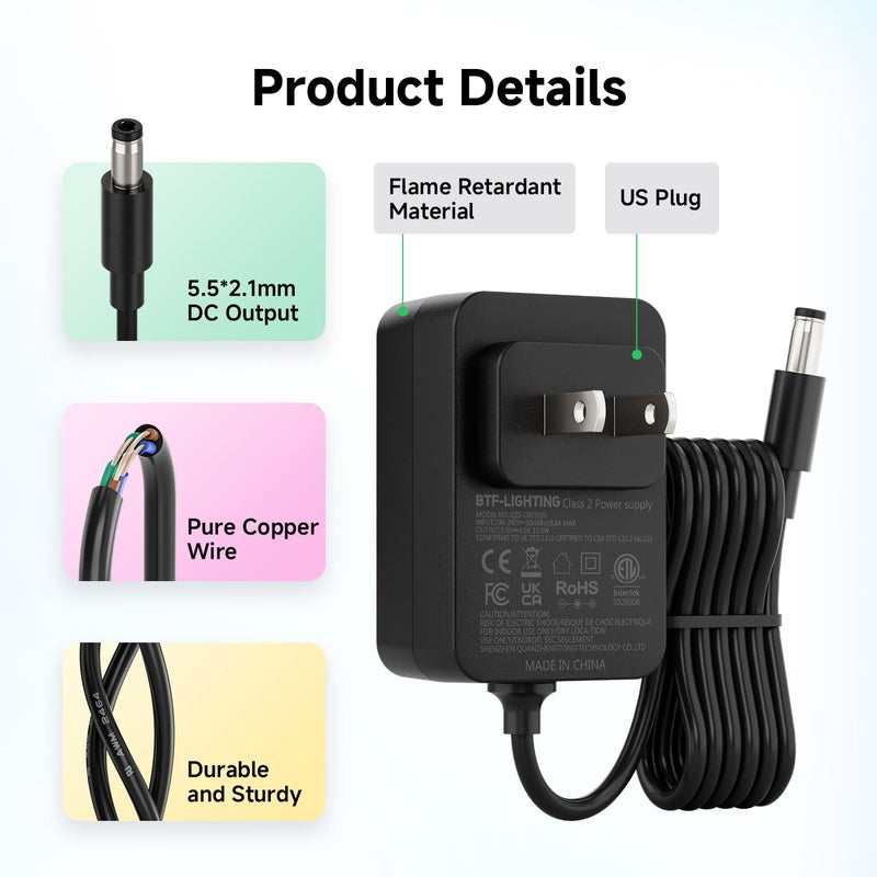 BTF-LIGHTING 5V 3A 15W Power Supply Adapter ETL Listed 100-240V AC to 5V DC Converter Class 2 Power Supply, 5.5x2.1mm Jack for for Low Voltage LED Strip Lights, CCTV, Router, Electronics - Image 5