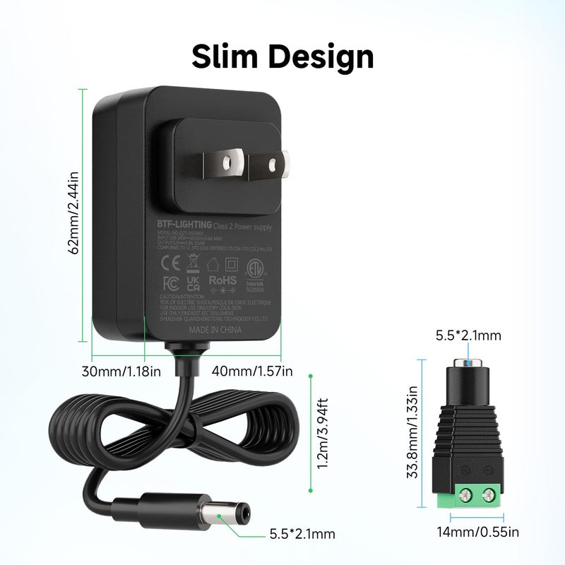 BTF-LIGHTING 5V 3A 15W Power Supply Adapter ETL Listed 100-240V AC to 5V DC Converter Class 2 Power Supply, 5.5x2.1mm Jack for for Low Voltage LED Strip Lights, CCTV, Router, Electronics - Image 2