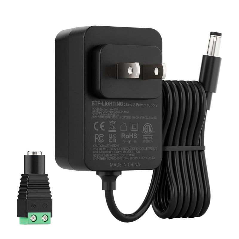 BTF-LIGHTING 5V 3A 15W Power Supply Adapter ETL Listed 100-240V AC to 5V DC Converter Class 2 Power Supply, 5.5x2.1mm Jack for for Low Voltage LED Strip Lights, CCTV, Router, Electronics - Image 1