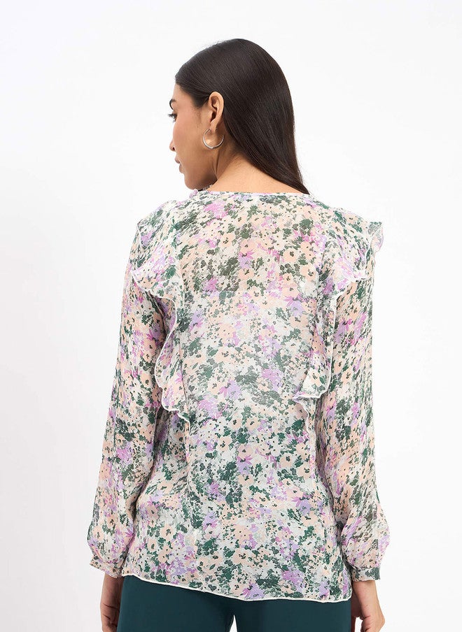 SALT ATTIRE Floral Print Tie-Up Neck Ruffles Top - Image 4