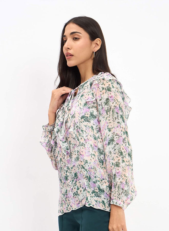 SALT ATTIRE Floral Print Tie-Up Neck Ruffles Top - Image 3