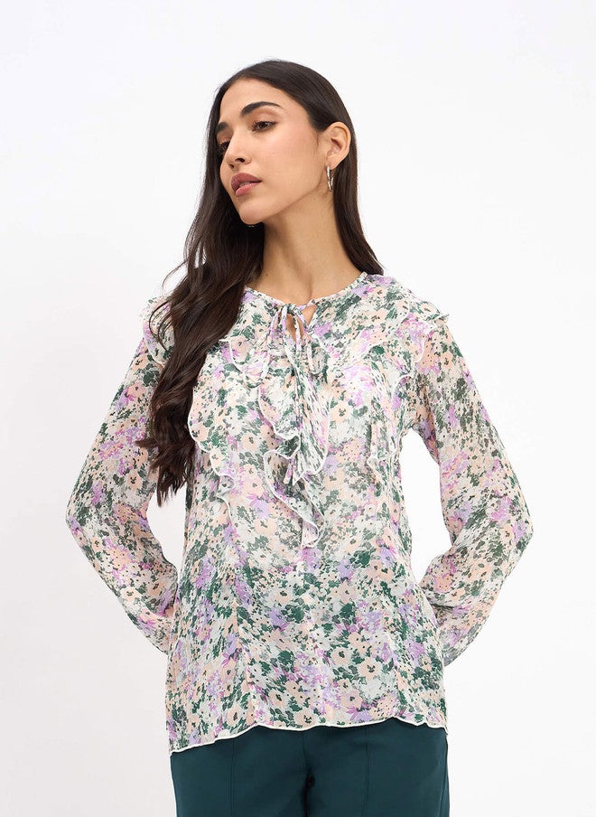 SALT ATTIRE Floral Print Tie-Up Neck Ruffles Top - Image 1