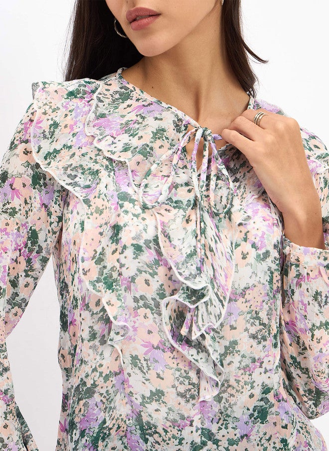 SALT ATTIRE Floral Print Tie-Up Neck Ruffles Top - Image 2