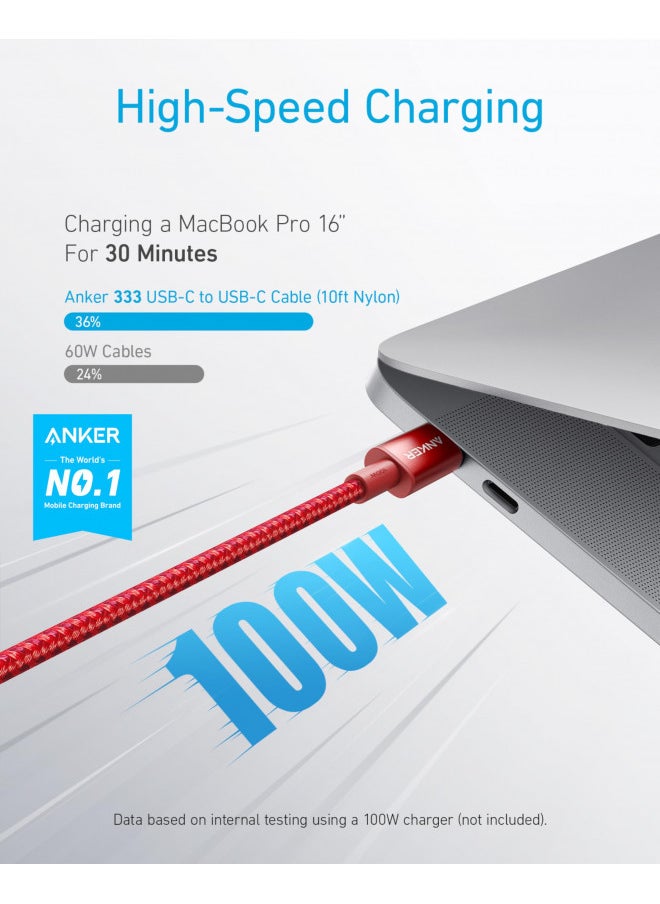 Anker - Anker 100W 10ft, New Nylon USB C to USB C Cable 2.0, Type C Charging Cable Fast Charge for MacBook Pro 2020, iPad Pro 2020, Air 4, Galaxy S20, Pixel, Switch, LG, and More(Red) - Image 1