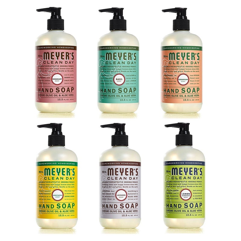 Mrs. MEYER'S CLEAN DAY Hand Soap Scent Variety Pack Includes 1 of Each, Rosemary + Basil + Geranium + Honeysuckle + Lavender + Lemon Verbena, (Count of 6) - Image 1