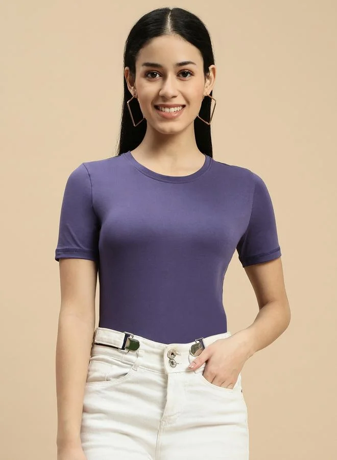 ECOLORE Blue Solid Short Sleeves Top