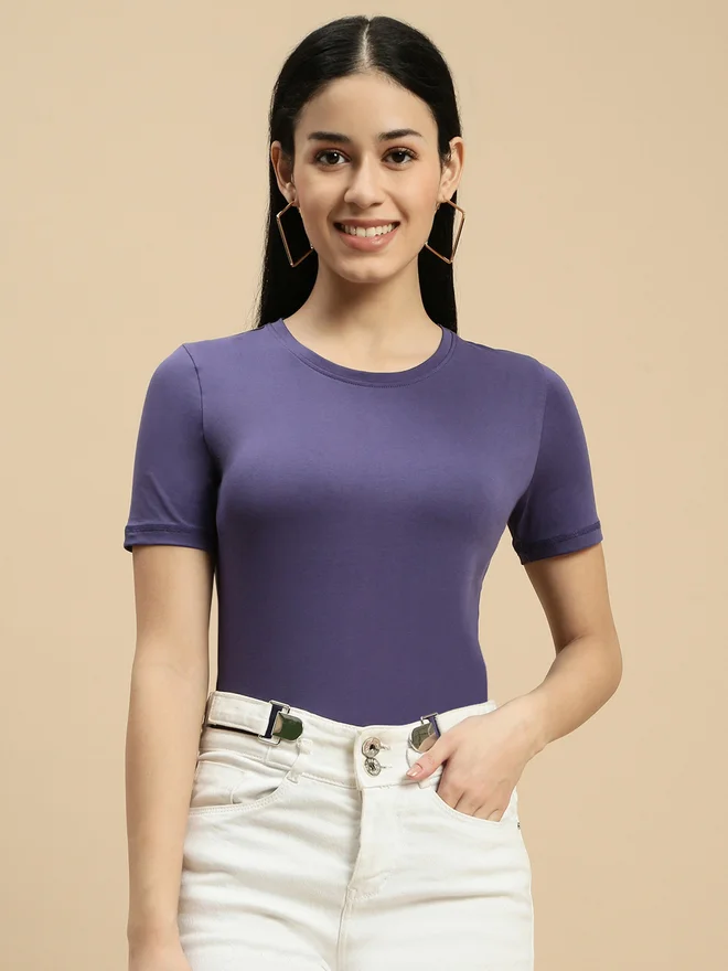 Ecolore Blue Solid Short Sleeves Top