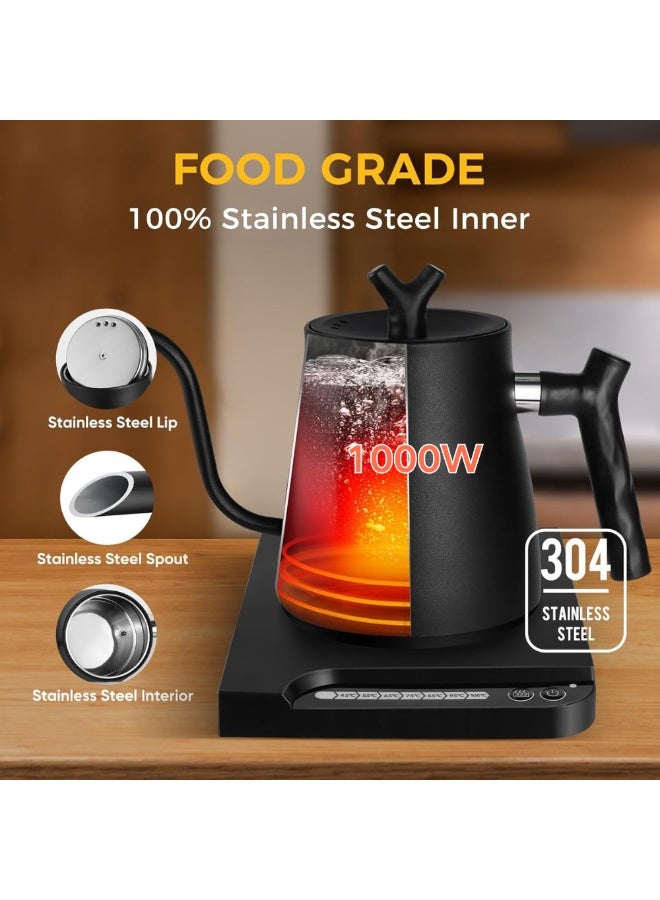 ماكدو غلاية كهربائية ذات عنق معقوفة، غلاية شاي كهربائية ذكية من الفولاذ المقاوم للصدأ سعة 1 لتر، غلاية شاي كهربائية ذكية من الفولاذ المقاوم للصدأ، إيقاف تشغيل تلقائي + تحكم ذكي في درجة الحرارة، تسخين سريع 1000 وات (أسود) - Image 5