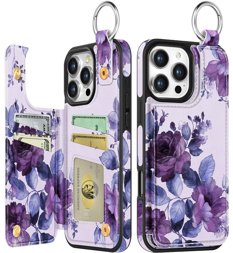 Shorogyt Compatible with iPhone 16 Pro Max Wallet Case with Card Holder - Cute Purple Flower Design Kickstand for Magnetic Clasp Back Flip Folio Leather Phone Covers for Women Men Girls - Image 1
