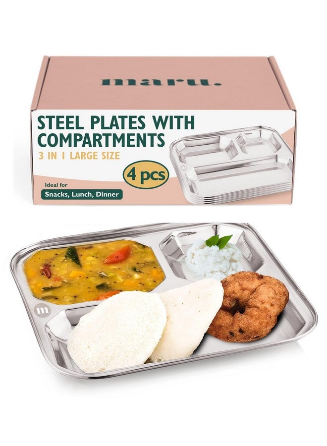 MARU طقم أطباق تقسيم العشاء من مارو من الفولاذ المقاوم للصدأ - متين وكبير 3 في 1 أطباق مقسمة، مثالي لباف بهجي، الإفطار، الغداء والعشاء - قوي وسهل التنظيف - Image 1