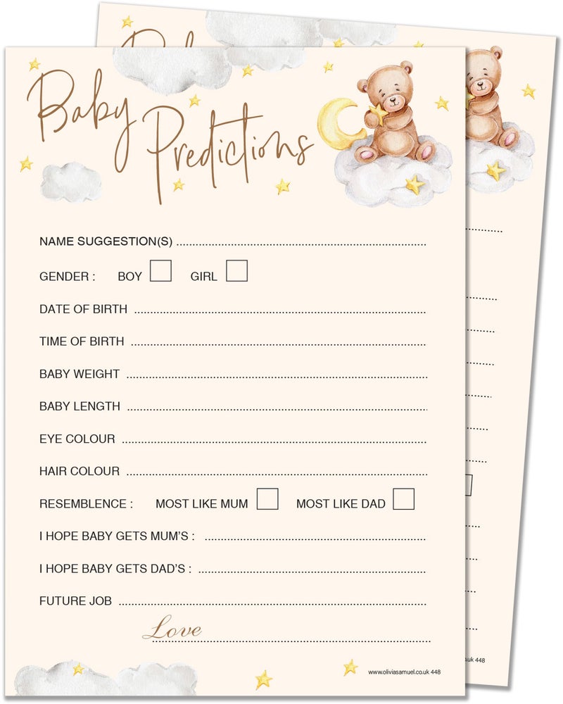 20 x Baby Prediction Cards from Olivia Samuel  Baby Shower Game  Unisex Neutral Teddy Bear Design  Made in The UK