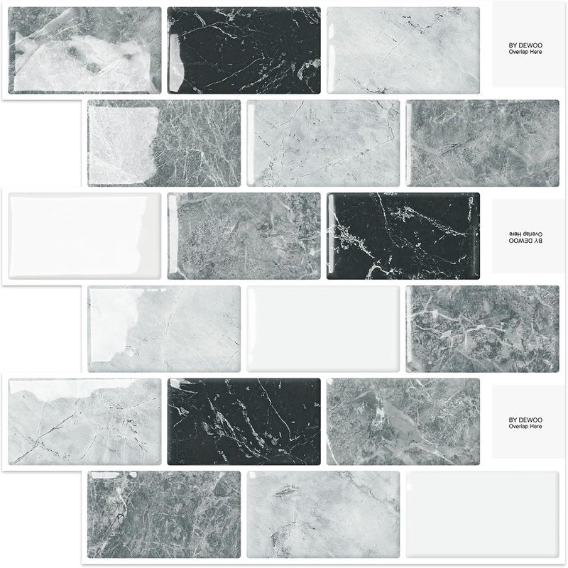 DEWOO 3D Self Adhesive Wall Tiles Peel and Stick Sticky Splashback Subway Metro Marble Tile for Kitchen Bathroom,10-Sheet (12"×12") - Image 1