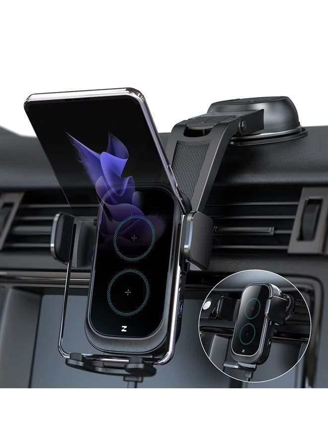 ZEEHOO Wireless Car Charger, ZEEHOO DUOXX Dual Coils 15W Fast Charging Auto-Clamping Car Mount, Dash& Vent Wireless Car Phone Charger Holder for iPhone 14 13 12, Samsung Z Flip 4 3, S23+, etc