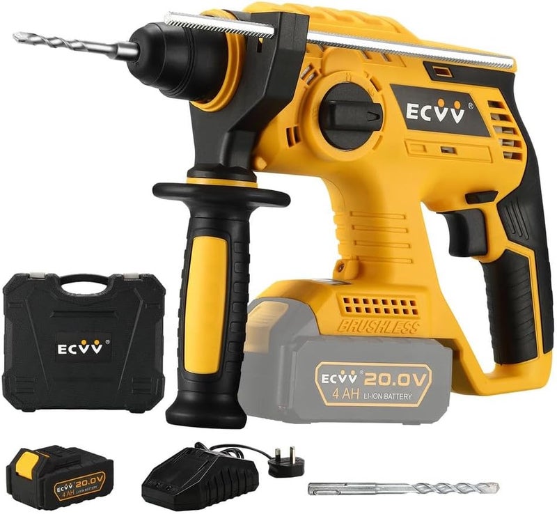 ECVV Rotary Hammer 20V Cordless Brushless Hammer Drill Kit Includes 1 X 4Ah Battery With Sds-Plus Chuck, 4 Modes, Safety Clutch, 360°Rotating Auxiliary Handle For Concrete, Metal & Wood Drilling - Image 1