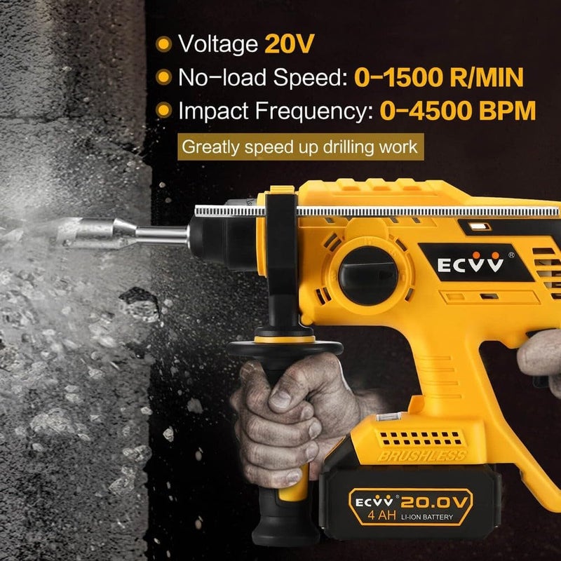 ECVV Rotary Hammer 20V Cordless Brushless Hammer Drill Kit Includes 1 X 4Ah Battery With Sds-Plus Chuck, 4 Modes, Safety Clutch, 360°Rotating Auxiliary Handle For Concrete, Metal & Wood Drilling - Image 2