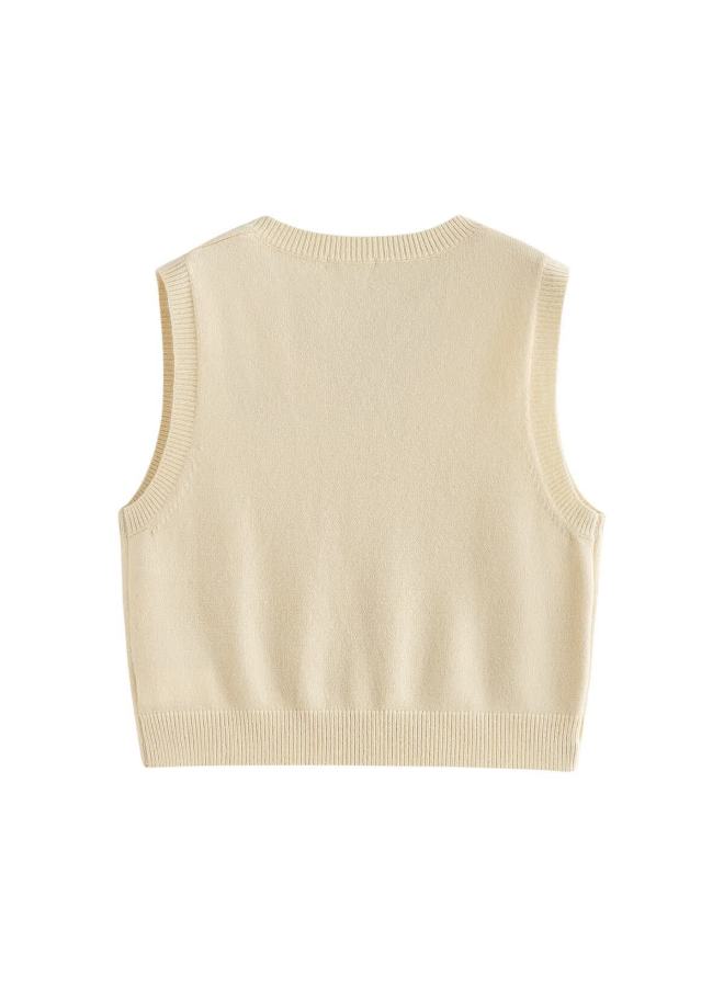 Inman Vintage V-neck Embroidered Knit Vest Autumn Women's New Sleeveless Top Pear Blossom Apricot XL - Image 4