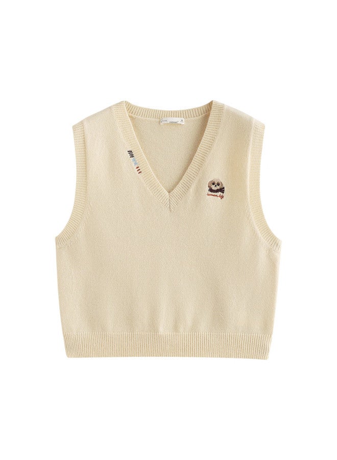 Inman Vintage V-neck Embroidered Knit Vest Autumn Women's New Sleeveless Top Pear Blossom Apricot XL - Image 1