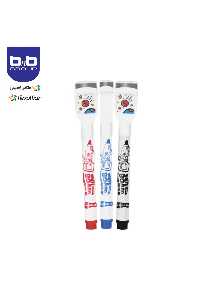 FLEXOFFICE Flex Office White Board Marker With Eraser (Pack of 3 Assorted colors) - Image 1