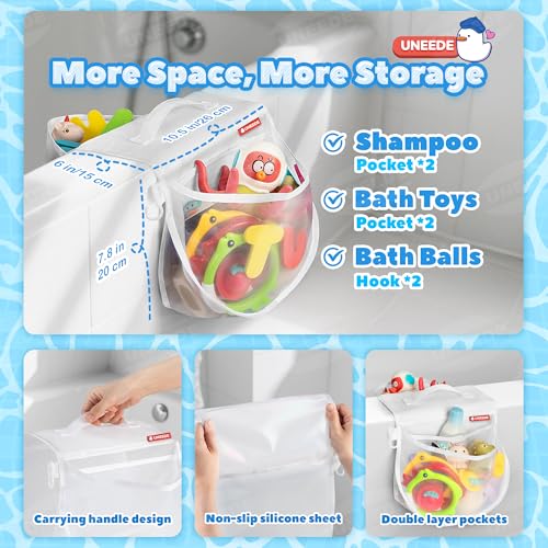 UNEEDE 2-Compartment Mesh Bath Toy Organizer, Easy Access for Children & Parents, Durable 2-Pocket Bath Toys Storage Without Suction Cups,Quick Dry Shower Storage Net to Declutter Bath Time Mess - Image 5