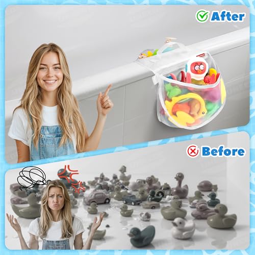 UNEEDE 2-Compartment Mesh Bath Toy Organizer, Easy Access for Children & Parents, Durable 2-Pocket Bath Toys Storage Without Suction Cups,Quick Dry Shower Storage Net to Declutter Bath Time Mess - Image 4