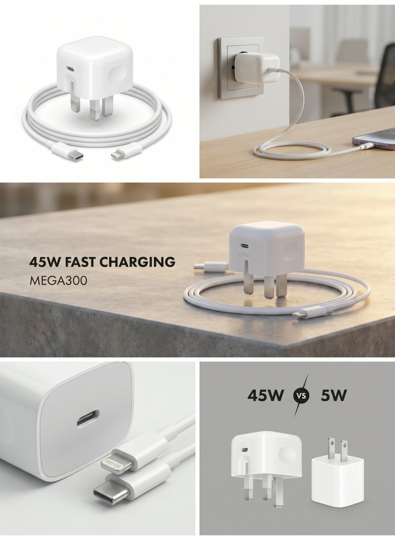 Brass شاحن سريع USB-C بقوة 45 واط بتقنية الشحن السريع PD مع كابل USB-C إلى Lightning، محول شحن سريع لأجهزة iPhone و iPad، شاحن سفر صغير الحجم عالي السرعة - Image 5