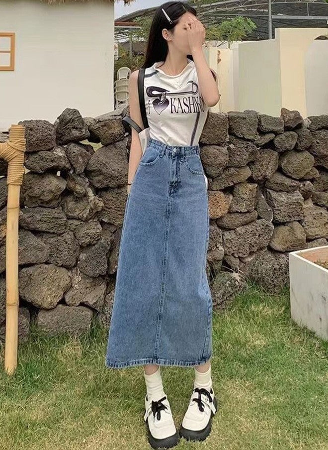 YUNIQEE تنورة جينز ميدي واسعة للنساء - Image 1