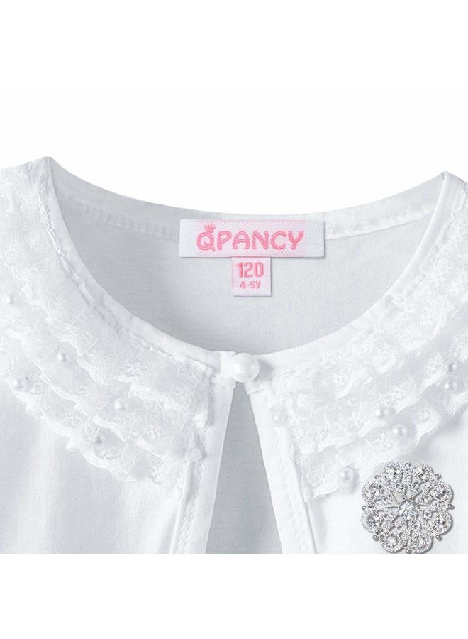 QPANCY Girls Shrugs Lace Bolero Long Sleeve Cardigan Party Church Dress Cover Up, White Pearl, 8-9 Years - Image 3