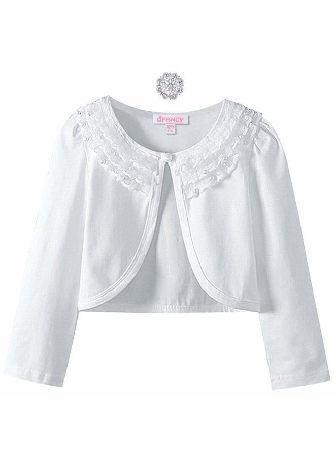 QPANCY Girls Shrugs Lace Bolero Long Sleeve Cardigan Party Church Dress Cover Up, White Pearl, 8-9 Years - Image 1