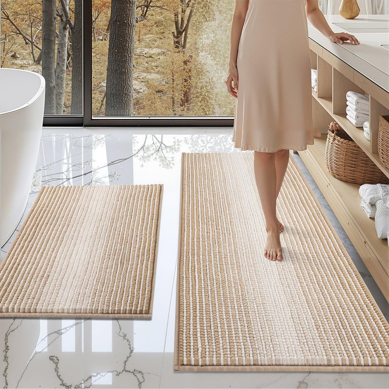 BSICPRO Bathroom Rugs and Mats Sets, 2 Piece Thick Absorbent Chenille Bath Mat Rug Set Non Slip, Soft Shaggy Bath Floor Mats for Bathroom, Machine Washable (20" x 47" Plus 16" x 24", Beige) - Image 1
