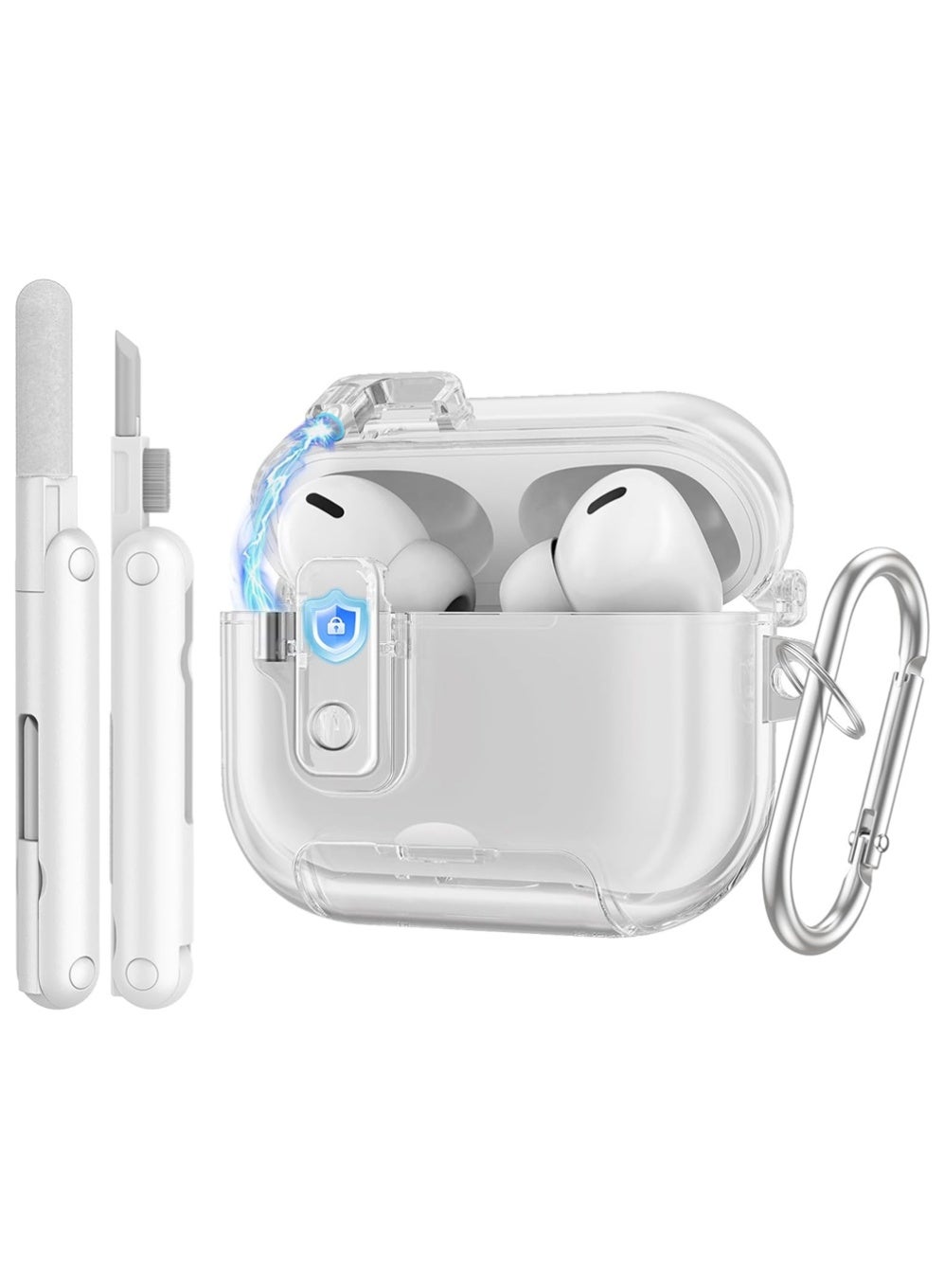 X-level Case for AirPods Pro3 with Secure Lock, Anti-Smudge, Cleaning Kit & Keychain, Soft TPU Transparent Cover with Phone Stand Function, Clear