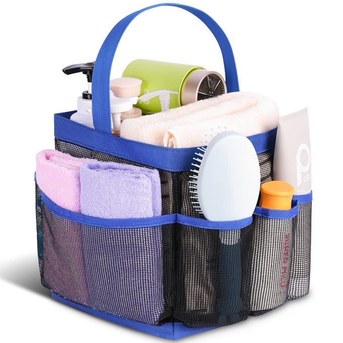 MESH SHOWER CADDY PORTABLE FOR COLLEGE DORM ROOM ESSENTIALSPORTABLE SHOWER CADDY DORM WITH 8POCKET LARGE CAPACITYSHOWER BAG FOR BEACHSWIMMINGGYMBLUE