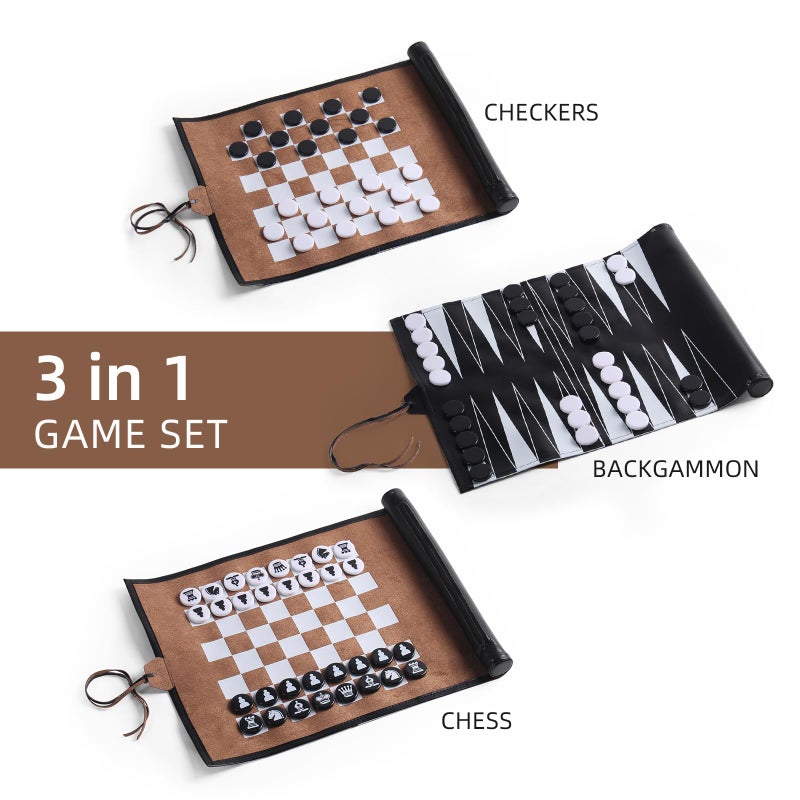 Magic Vosom 3 in 1 Backgammon Chess Checkers Set  Roll up Travel Game Set for Adults and Kids  Black & Brown(3 in 1 Set) - Image 2