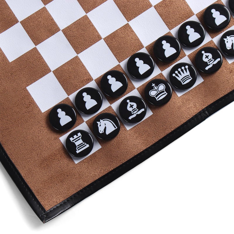 Magic Vosom 3 in 1 Backgammon Chess Checkers Set  Roll up Travel Game Set for Adults and Kids  Black & Brown(3 in 1 Set) - Image 3