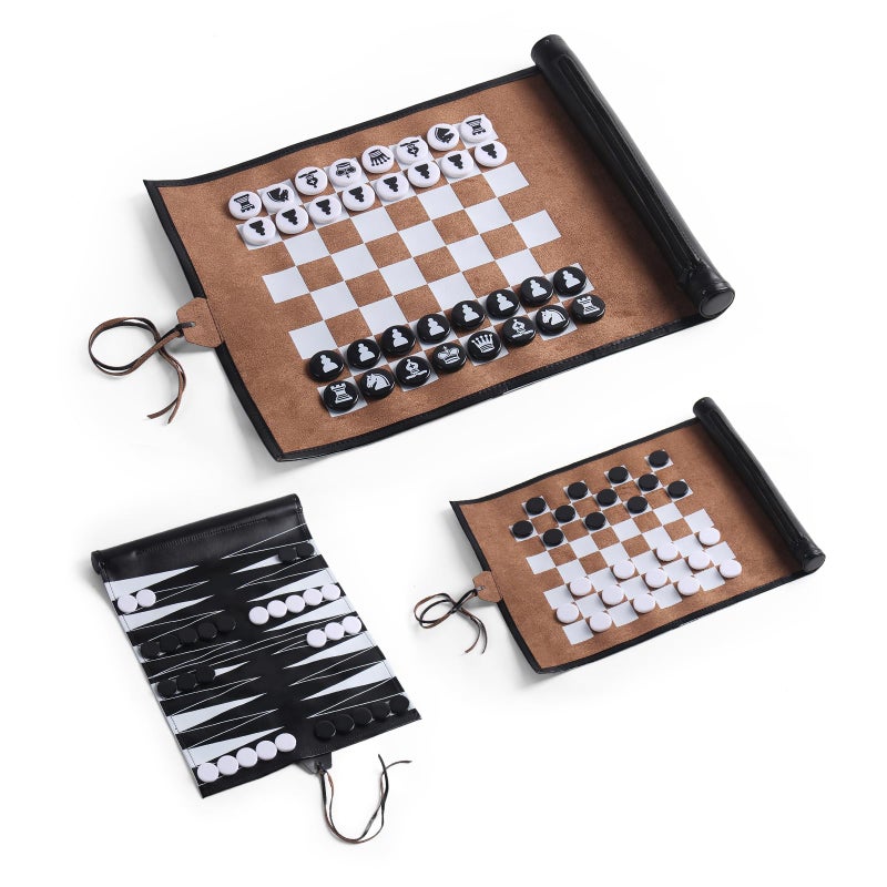 Magic Vosom 3 in 1 Backgammon Chess Checkers Set  Roll up Travel Game Set for Adults and Kids  Black & Brown(3 in 1 Set) - Image 1