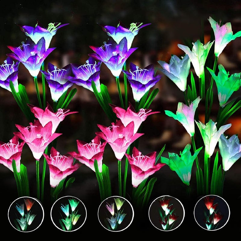 ANGMLN 6 Pack Solar Flowers Lights24 Bigger Head Solar Lily Flowers 7 Color Changing Pathway Lamps for Garden Patio Yard Party Wedding Holiday Outdoor Garden Stake Decoration Purple2White2Pink2