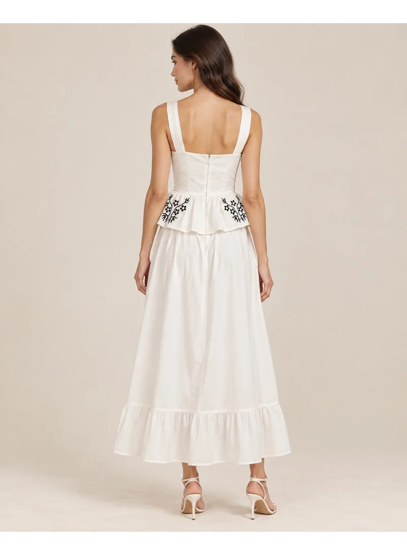 2Trendy Women's White Midi Dress with Black Floral Embroidery, Square Neckline and Waist Ruffle