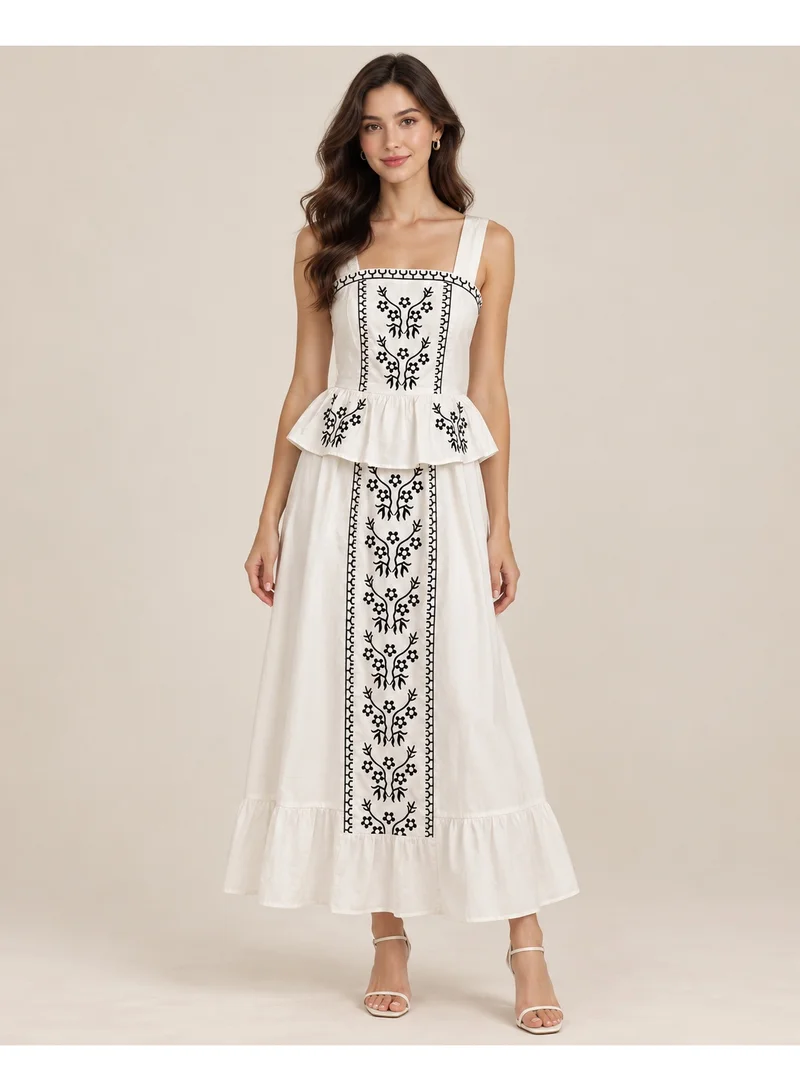 2Trendy Women's White Midi Dress with Black Floral Embroidery, Square Neckline and Waist Ruffle