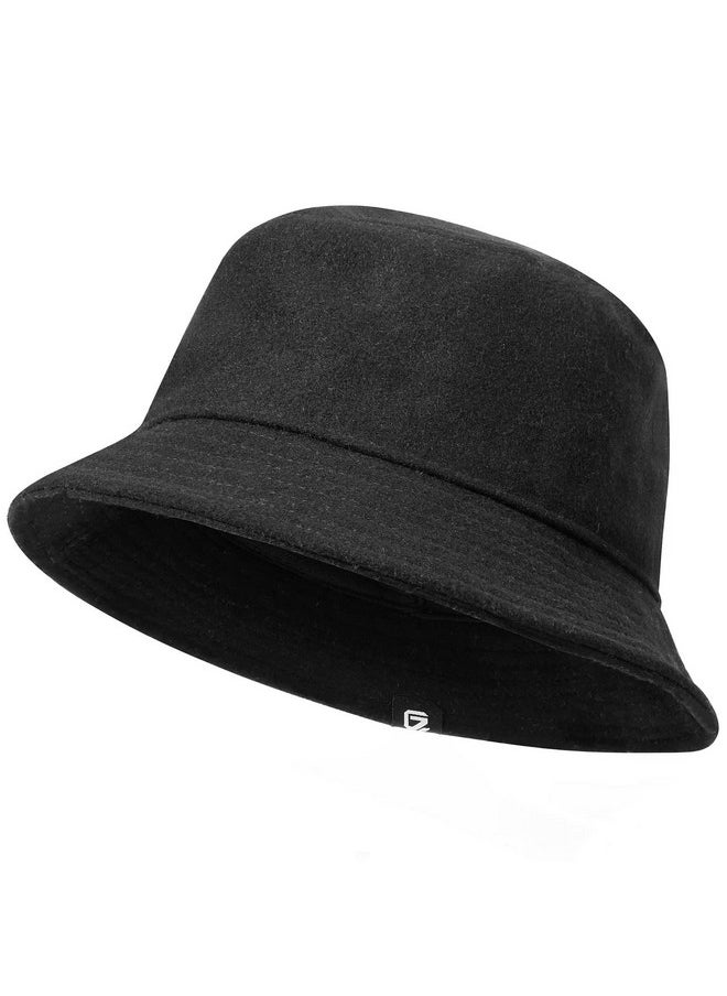 GADIEMKENSD - Winter Bucket Hat Premium Wool Packable Plain Colors Warm Soft Felt Wool Bucket Hats For Women Men Unisex Casual Outdoor Hiking Fisherman Cap Black M - Image 1
