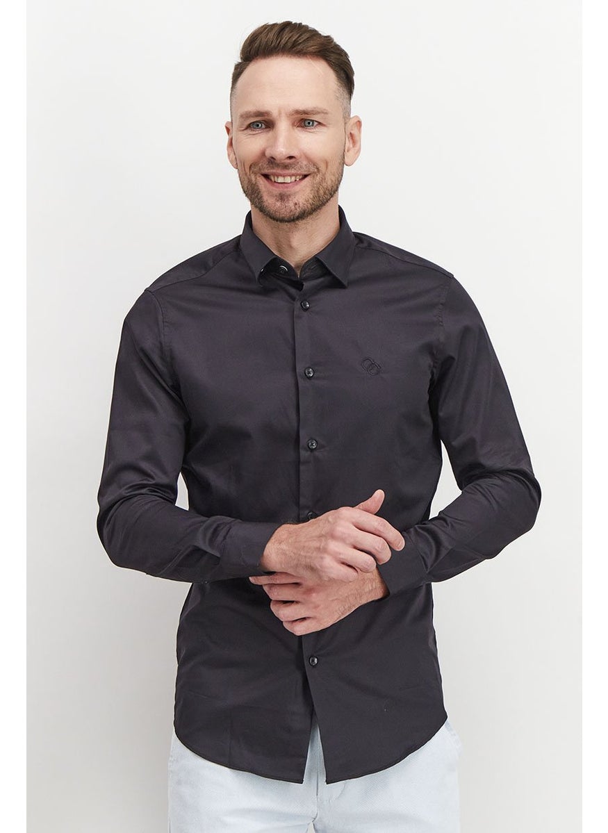 Cavalli Class Men Slim Fit Plain Long Sleeve Dress Shirt, Black  - Image 1