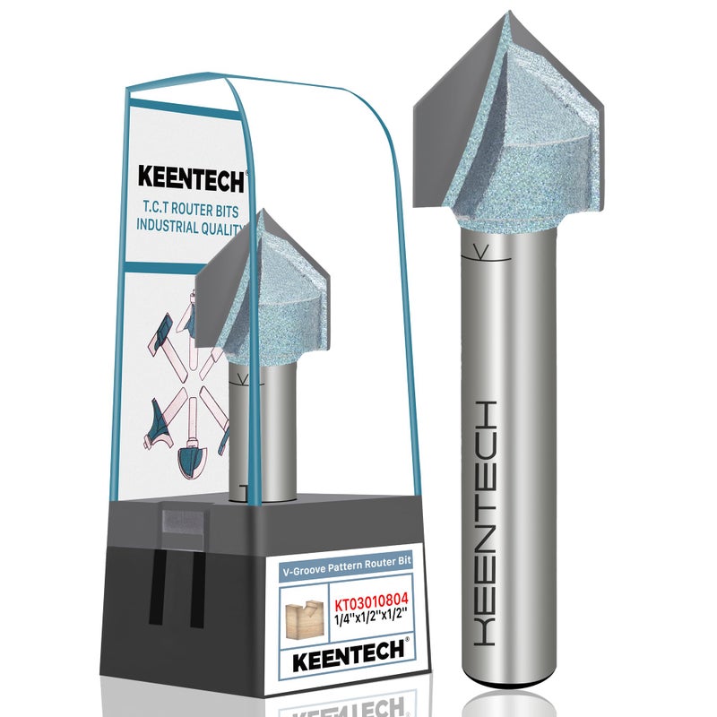 KEENTECH V Groove Router Bit 1/4" Shank, 90-Degree Carbide Tipped Router Bit for Woodworking, Industrial Grade V Bit, 1/2" Diameter x 1/2" Cutting Depth - Image 1