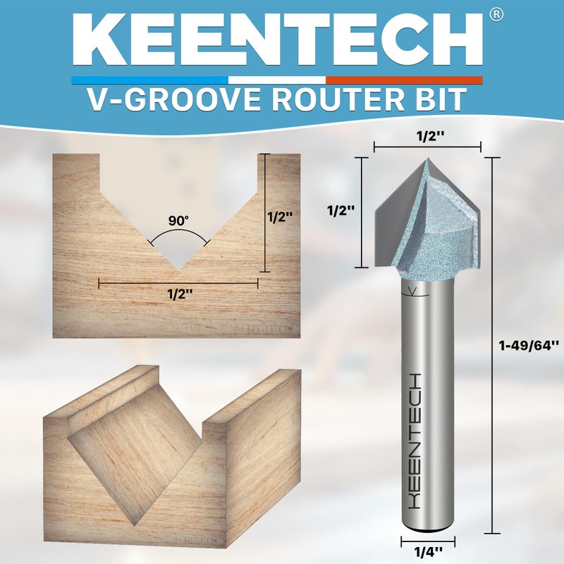 KEENTECH V Groove Router Bit 1/4" Shank, 90-Degree Carbide Tipped Router Bit for Woodworking, Industrial Grade V Bit, 1/2" Diameter x 1/2" Cutting Depth - Image 2